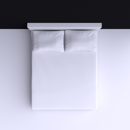 Bed with pillows and a blanket in the corner room, 3d illustration. Top view.の写真素材