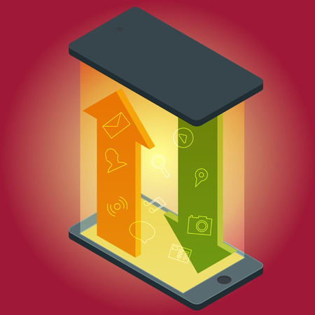 Vector smartphone device with applications icons and infographic elements in flat design.のイラスト素材