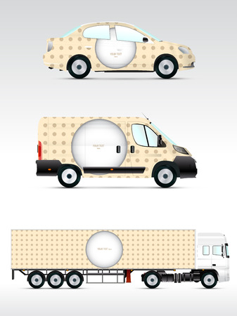 Template vehicle for advertising, branding or corporate identity. Passenger car, truck, bus.のイラスト素材