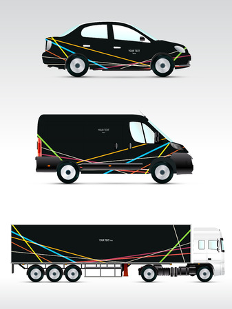 Template vehicle for advertising, branding or corporate identity. Passenger car, truck, bus.のイラスト素材