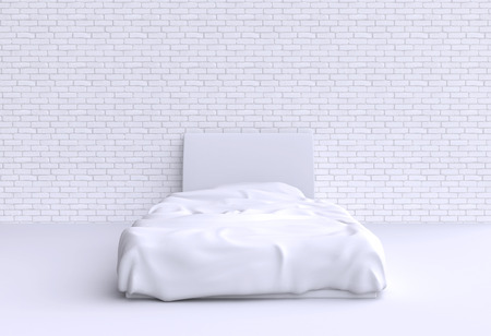 Bed with pillow and blanket in the corner room, 3d illustration. Front view.の写真素材