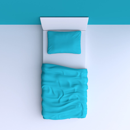 Bed with pillow and blanket in the corner room, 3d illustration. Top view.の写真素材