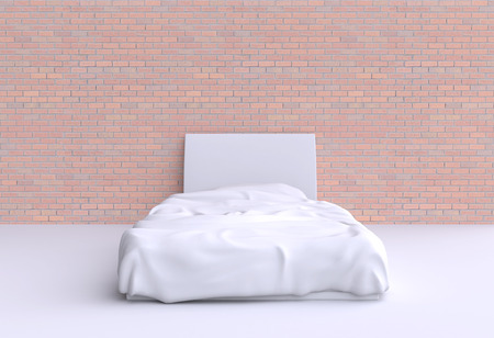 Bed with pillow and blanket in the corner room, 3d illustration. Front view.の写真素材