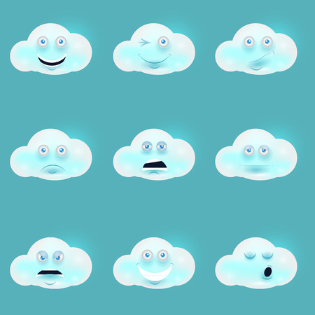 Cartoon funny white clouds set, muzzle with pink cheeks and winking eyes  on white background.のイラスト素材