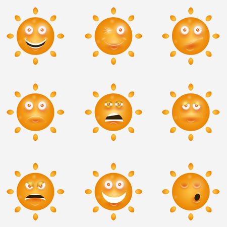 Funny happy smiley suns. Happy doodles for your design. Bright and beautiful cartoon characters.のイラスト素材