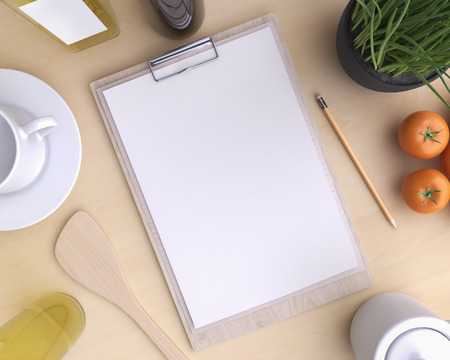 Branding mockup kitchen with table and kitchenware. 3d illustration.の写真素材