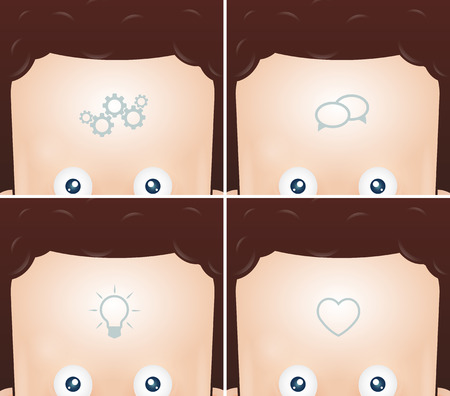 Four funny cartoon heads with visualization of thoughts, ideas or attitudes.のイラスト素材