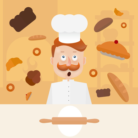 Baker with mustache in hood on kitchen.のイラスト素材