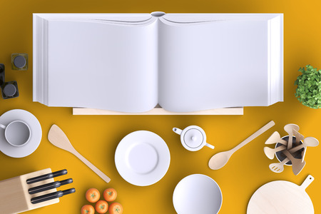 Branding mock up kitchen with table and kitchenware. Blank template on simple background for home, restaurants, cafes. View from above. 3d illustration.の写真素材