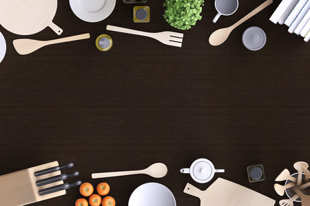 Branding mock up kitchen with table and kitchenware. Blank template on simple background for home, restaurants, cafes. View from above. 3d illustration.の写真素材