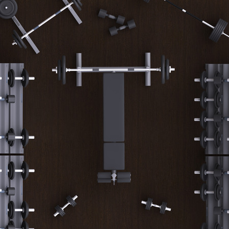 Branding mock up floor room with sports equipment. Blank template on background for house, club, sports centers. View from above. 3d illustration.の写真素材