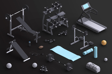 Branding mock  with sports equipment. Blank template on simple background for house, club, sports centers. Isometric view. 3d illustration.の写真素材