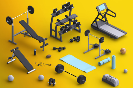 Branding mock  with sports equipment. Blank template on simple background for house, club, sports centers. Isometric view. 3d illustration.の写真素材