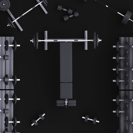 Branding mock up floor room with sports equipment. Blank template on background for house, club, sports centers. View from above. 3d illustration.の写真素材