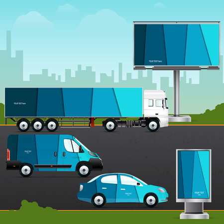Design template vehicle, outdoor advertising or corporate identity. Mock up passenger car, truck, bus, billboard and citylight. Elements for branding in material design style.のイラスト素材