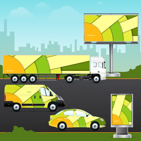 Design template vehicle, outdoor advertising or corporate identity. Mock up passenger car, truck, bus, billboard and citylight. Elements for branding in material design style.のイラスト素材