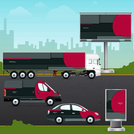 Design template vehicle, outdoor advertising or corporate identity. Mock up passenger car, truck, bus, billboard and citylight. Elements for branding in material design style.のイラスト素材