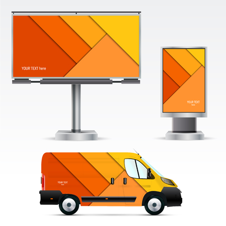 Template outdoor advertising or corporate identity on the car, billboard and citylight. Mockup for business, branding and advertising companies.のイラスト素材