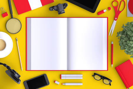 Open book on table with office objects and blank modern devices. Organized for company presentation or branding identity. Mockup isolated on clear background. Top view. 3d illustration.の写真素材