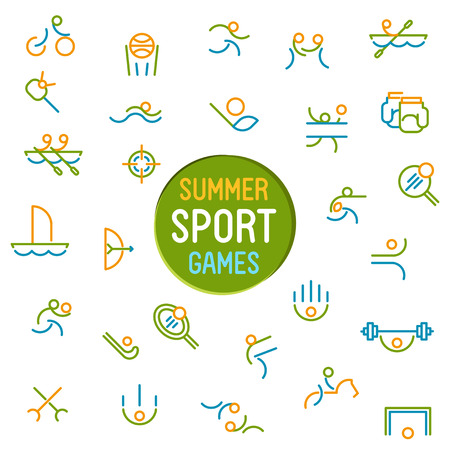 Thin line icons set of summer sport games. Icons for branding website and mobile website and apps with simple stroke. Simple linear pictogram.のイラスト素材