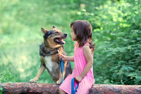Happy little girl with dog sitting on the snag in the woodの写真素材