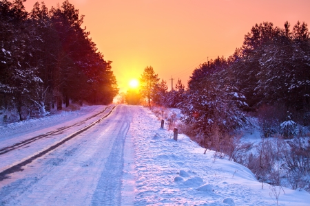 Snowy road in the morningの写真素材