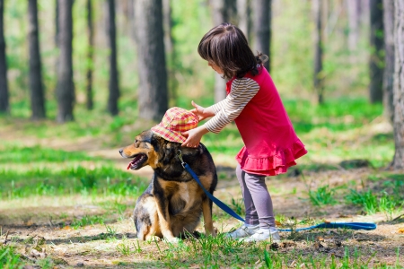 Little girl putting hat on the dog in the woodの写真素材