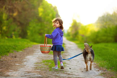 Little girl walking with dogの写真素材