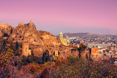 Narikala fortress at sunrise in Tbilisi, Georgia countryのeditorial素材
