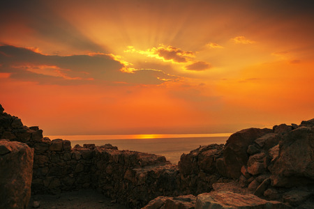 Beautiful sunrise over Masada fortressの写真素材