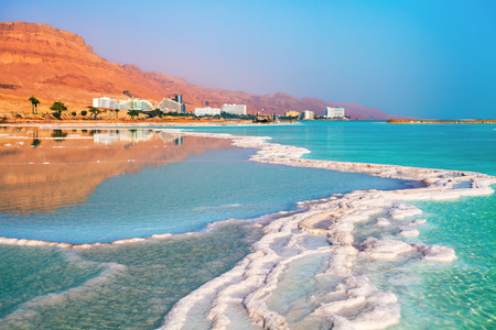 Dead sea salt shore. Ein Bokek, Israelの写真素材