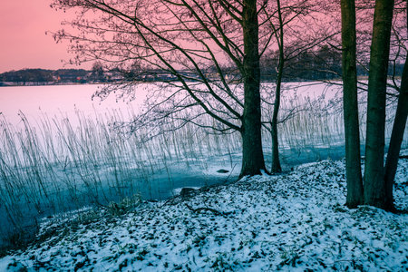 Frozen lake in winterの写真素材