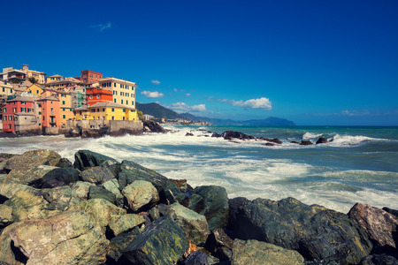 View of a ancient fishing village Boccadesse in Italy near Genoaの写真素材