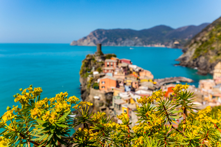 Rocky sea coast. Ligurian sea, view at Vernazza Village, Cinqe Terre, Italyの写真素材