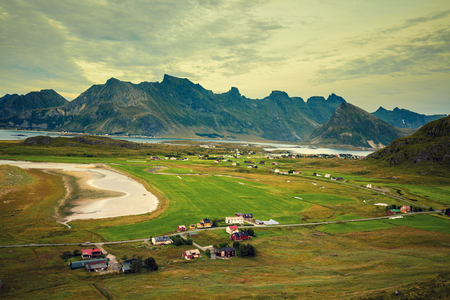 Fjord in cloudy weather. Lofoten, Norwayの写真素材