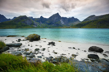Fjord at sunset in rainy day, Rocky beach in evening, Beach with white sand. Beautiful nature of...