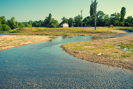 Rural landscape with a winding riverの写真素材