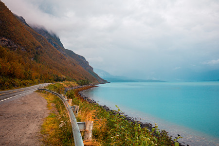 The road along the fjord. Lofoten Islands. Norwayの写真素材