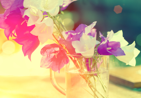 Vintage harebell flowers. Bouguet of summer flowers outdoor on a table in sunny day.の写真素材