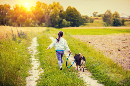 Happy little girl with dog on a leash walking on the dirt road in the field  back to cameraの写真素材