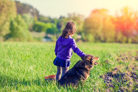Happy little girl playing with dog on the fieldの写真素材