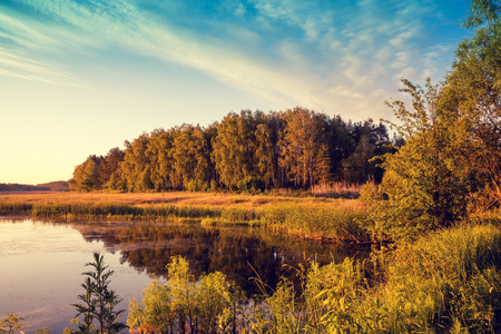 Morning on the lake. Rural landscapeの写真素材