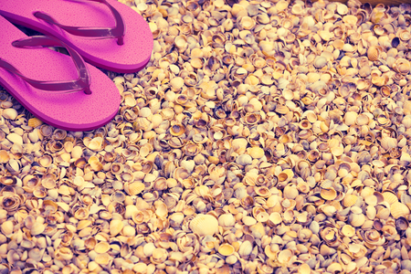 Beach scene.Flip flop sandals lying on sea coquina shellsの写真素材