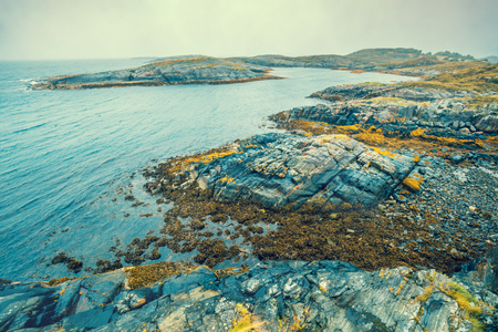 Rocky beach. Atlantic shore in the misty morning. Sea coast. Beautiful wilderness Norwayの写真素材