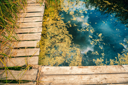 Lakeshore with wooden pier. Beautiful nature Finlandの写真素材