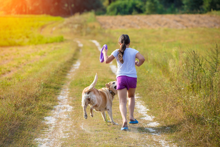 Young girl with Labrador retriever dog walking on the field. Dog looking at the girlの写真素材