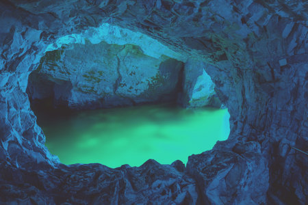 The Rosh HaNikra natural grottoes. Tunnel in the rock. Blue light