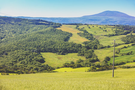 Beautiful landscape, spring nature. View from above of sunny fields on rolling hills in Tuscany,...
