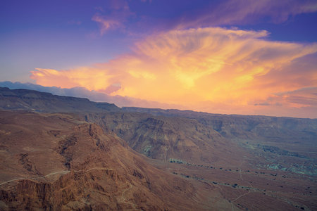 Mountain nature landscape. View of the valley from the mountain. The Judean Desert in the early...