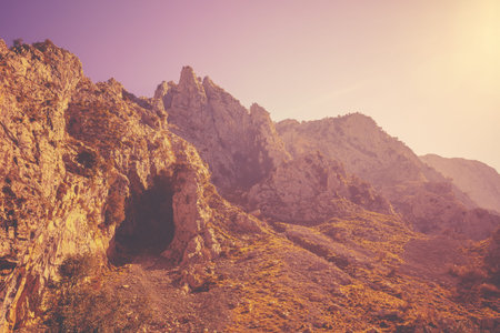 View of beautiful mountain landscape through the windscreen on a sunny day. National park Picos de...